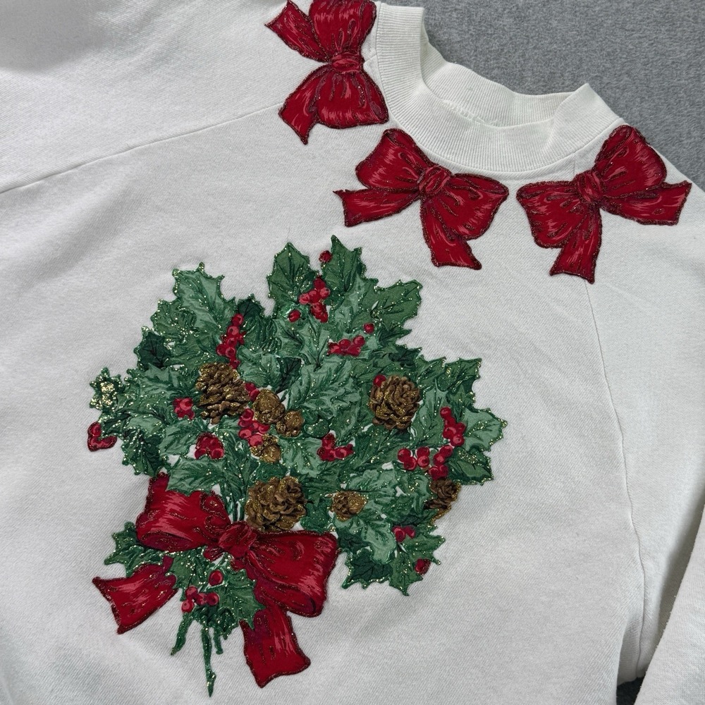 Ugly Christmas Sweatshirt Vintage Bows Wreath Glitter Fruit of Loom L USA VTG